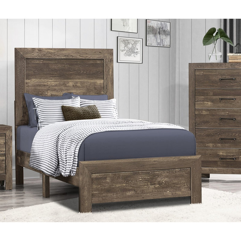 Lit simple rustique à finition brune - Unité de meuble en bois et en bois d'ingénierie avec finition élégante, tête de lit et rails
