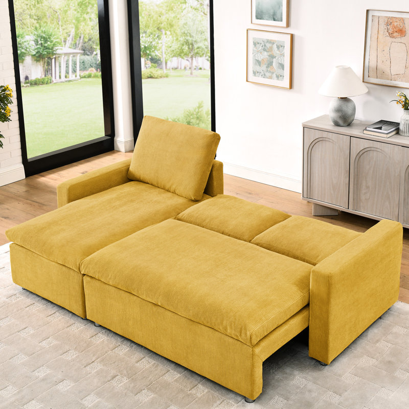 Lit en L en velours côtelé jaune lavable et réversible moderne, Jaune