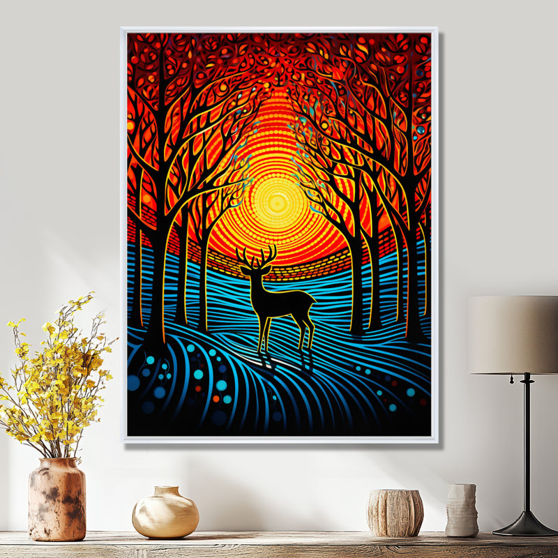 Cerf de Noël au coucher du soleil dans la forêt hivernale - Art mural animal cerf, Toile avec cadre blanc