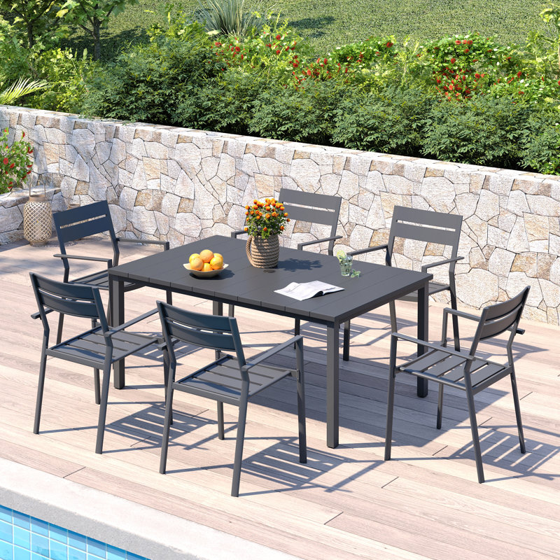 Rectangular Outdoor Dining Set wth 63" Metal Dining Table and 6 Armrest Dining Chairs, Gray/Gray
