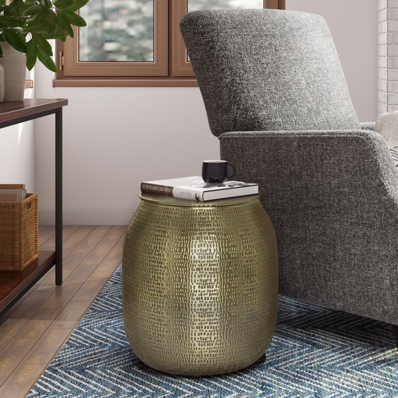 Antique Gold Hand-Hammered Metal Storage Accent Table