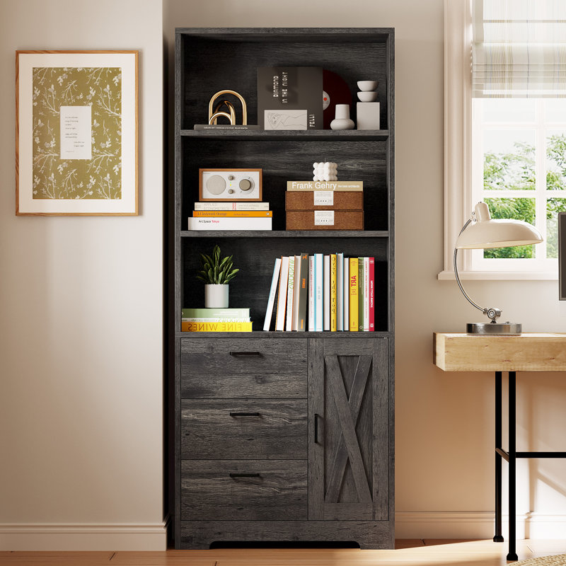 Modern Style 71" H Wooden White Bookshelf And Bookcase With Door And 3 Drawers,3-tier Open Display Shelves, Charcoal Gray