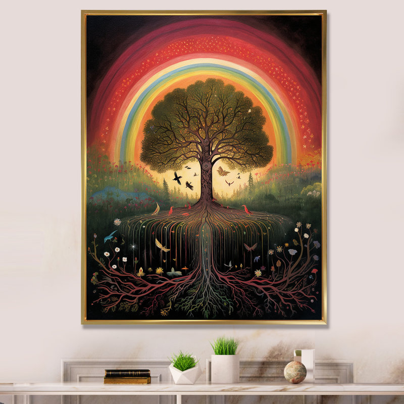 «Tree of Life Rainbow Retro Illustration», reproduction sur toile, H 32 po x l 16 po x P 1 po, Cadre flottant doré