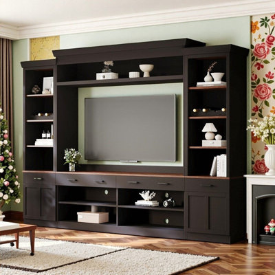 MDF TV Stand with Bookshelf, Wine Rack, Adjustable Shelves and Drawers for TVs Up to 70 Inches