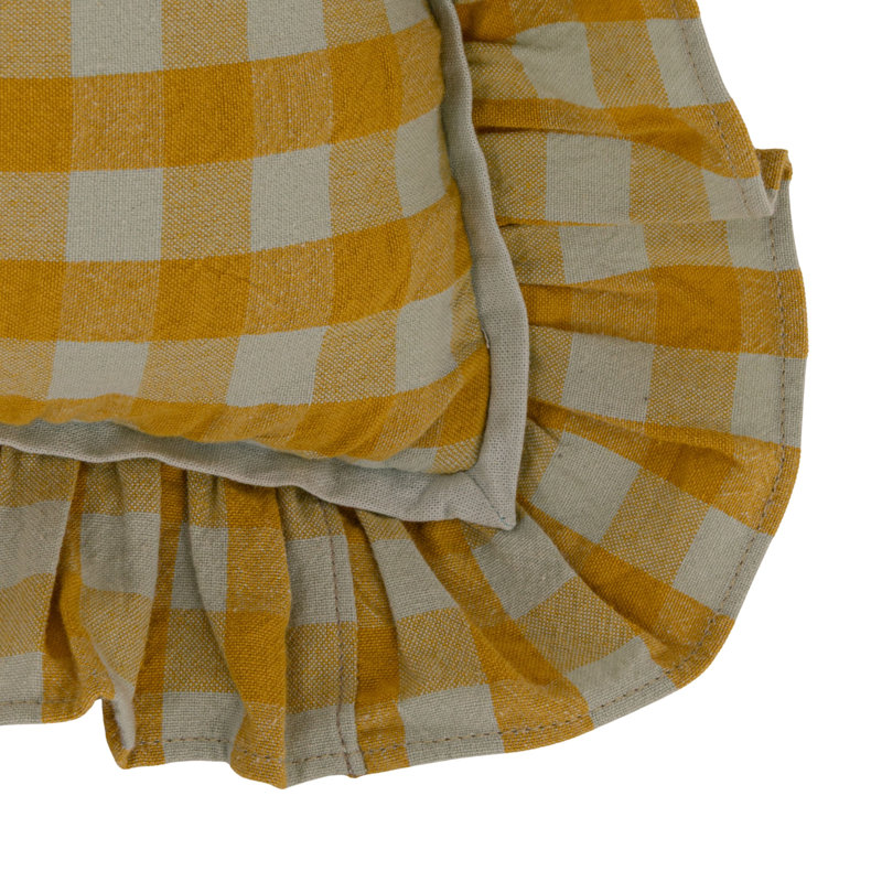 Mustard Gingham Ruffle Cotton Pillow, White