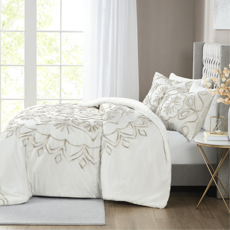 3 pièces en édredon de coton chenille double / grand / taupe extraordinaire, Édredon double et 2 taies décoratives