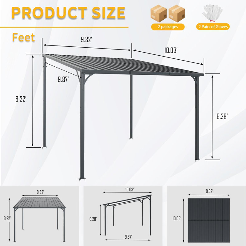 Pergola d'extérieur à toit rigide pour abri de jardin, abri d'auto mural 10 x 10