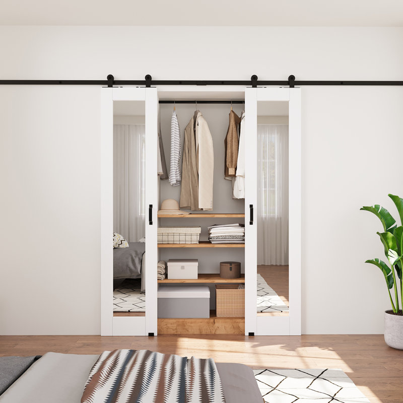 Aucun assemblage requis, porte de grange à double miroir coulissante à finition blanche et portes de garde-robe en bois manufacturé avec quincaillerie d'installation