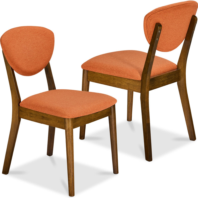 2-Piece Mid-Century Modern Wood & Upholstered Dining Chair Set, Orange, Walnut