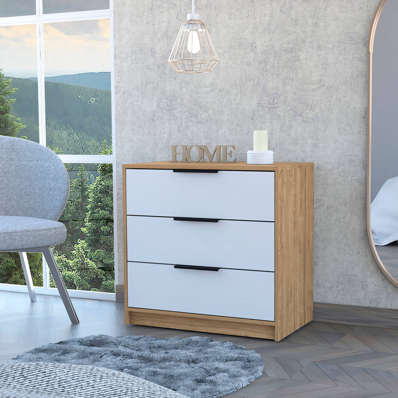Commode 3 tiroirs, plateau supérieur, Brun / Blanc