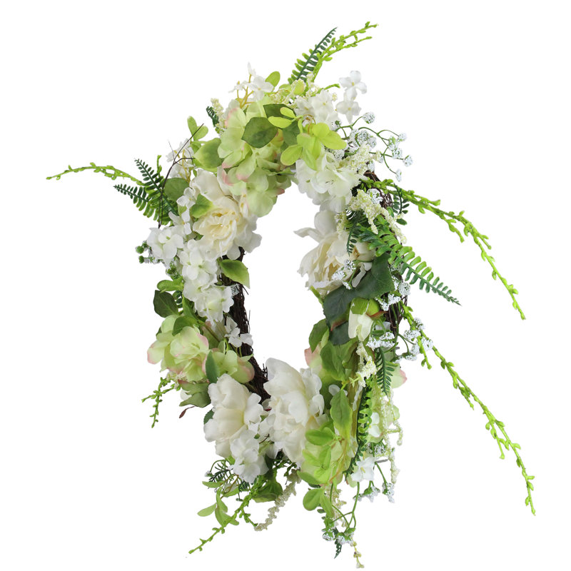 Couronne de pivoines et de roses artificielles blanches et vertes - 24 pouces