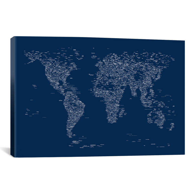 «Font World Map» par Michael Tompsett, impression sur toile tendue en bleu, H 18 po x l 26 po x P 1,5 po, Pas de tapis