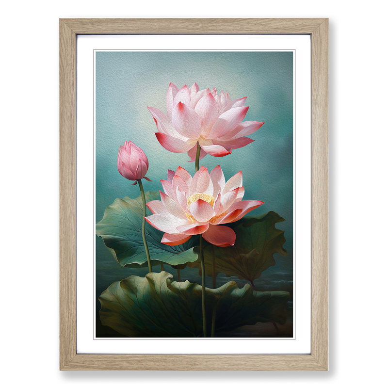 XYZ-FRM-V1223-4324 Lotus Flower Classicism - Single Picture Frame Print on Wood, 46cm H x 34cm W x 2cm D, Oak