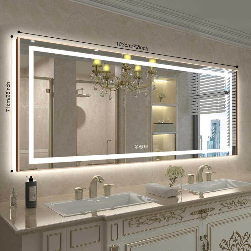 Miroir de salle de bain à DEL avec miroir, rétro-éclairage mural, miroir mural, 28" x 72", Or brossé