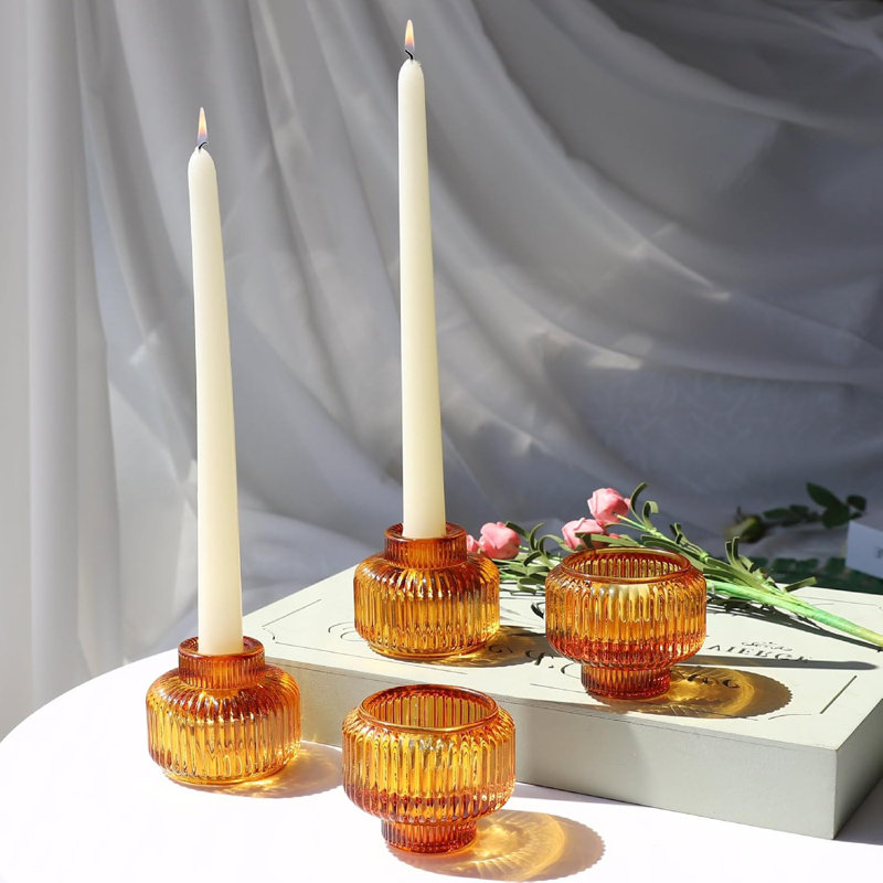 Amber Ribbed Glass Taper Candle Holder – Reversible Design for Taper, Pillar & Tea Lights, Vintage Table Decor for Wedding, Fall & Home