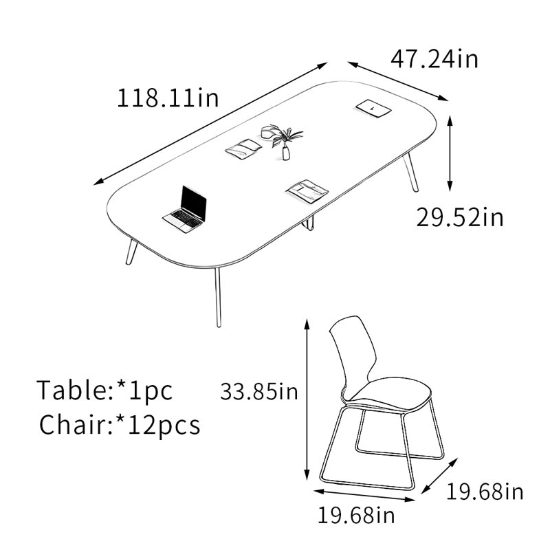 Table de conférence en arc Simplicity avec pieds en métal, H 29,52 po x L 118,11 po x l 47,24 po
