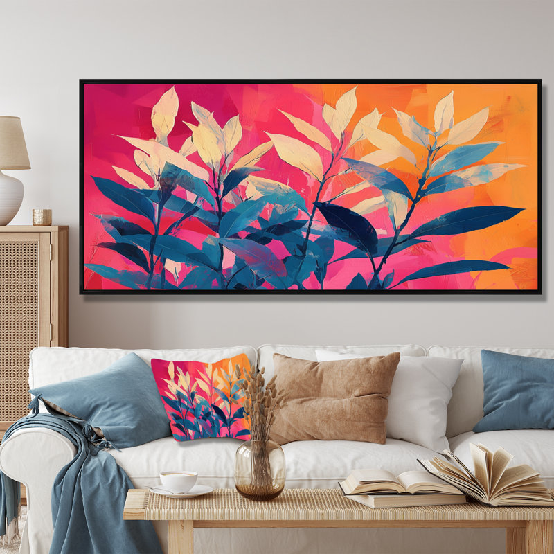 Jungle électrique en couleurs néon Pop Art I - plantes, art mural, 24" H x 32" W, Black Floater Framed