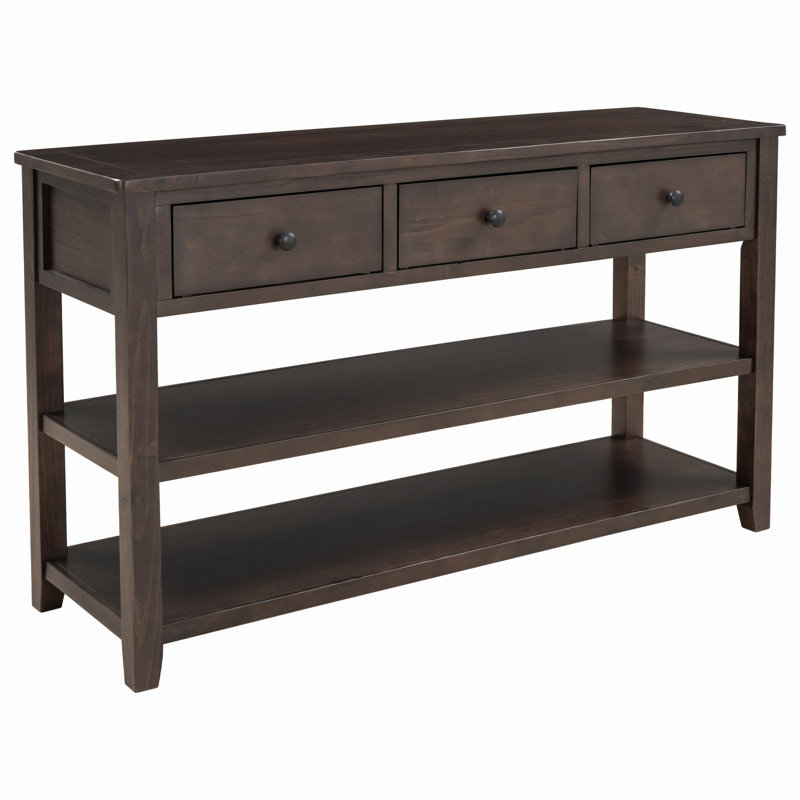 Console rétro avec deux tablettes ouvertes, structure en bois de pin massif et pieds pour le salon