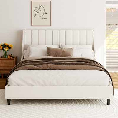Beige Full Size Bed Frame with 47.2 Tall Wingback Headboard