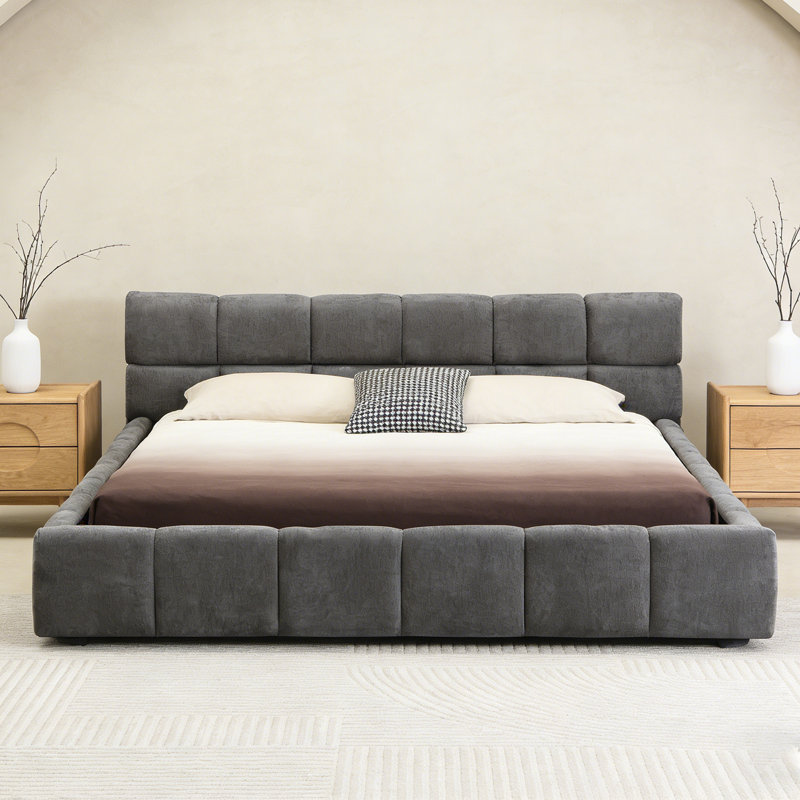 Grand lit plateforme tapissier en chenille avec tête de lit à damier, Grand lit