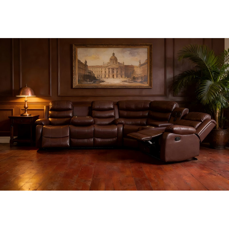 Canapé modulaire en cuir brun manuel inclinable avec haut-parleur 6 places, Similicuir brun
