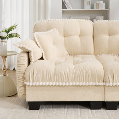 L-Shaped Cloud Sofa Couch with Deep Seat,Chenille Modular Sectional Loveseat with Ottoman Pom Pom Trimmed,Tufted Small L Shape Couches with Curved Arms for Small Spaces Living Room,Cream Beige