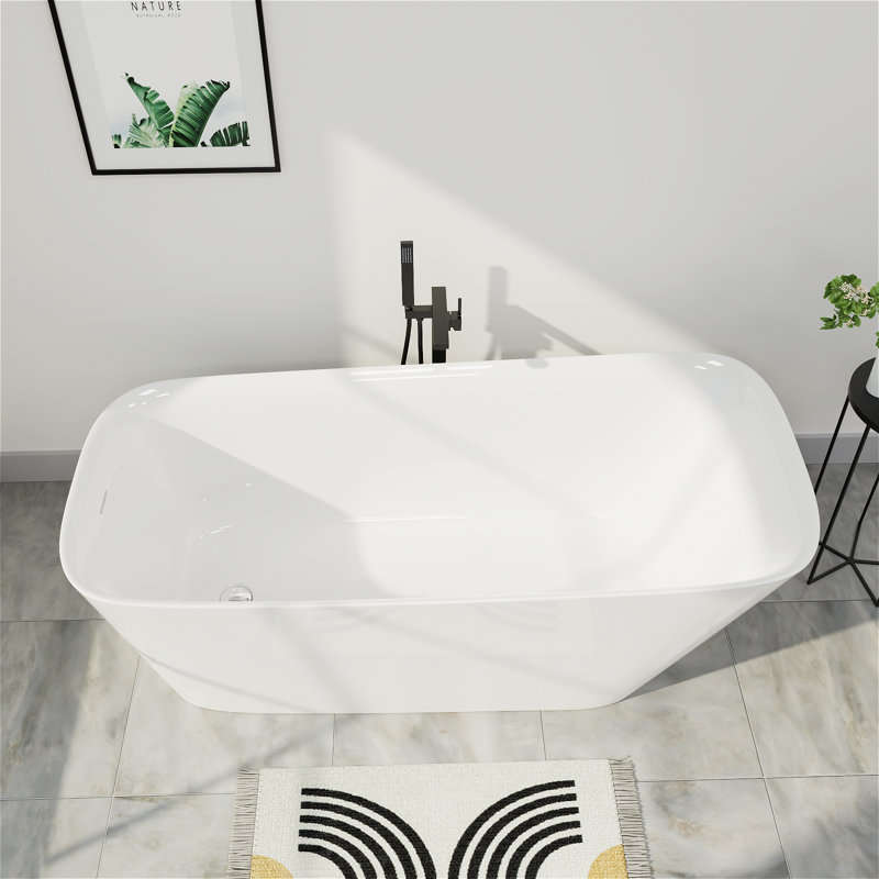 59" L x 28" W Single-Slipper Rectangle Freestanding Soaking Acrylic Bathtub with Chrome Drain