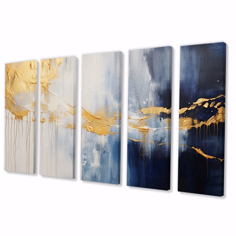 Waves Of Joy Minimal Nova bleu et or III - art mural abstrait sur toile - 5 panneaux égaux