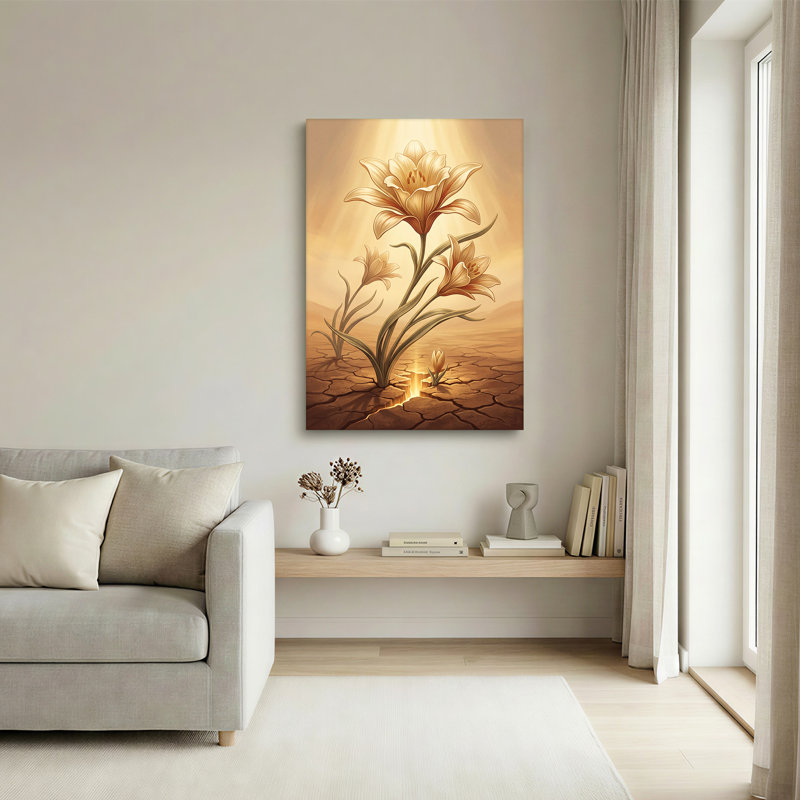 «Golden Lilies Growing From Cracked Earth with Glowing Light», art mural sur toile, 48"H x 32"W