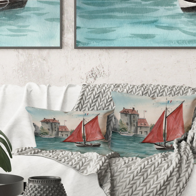 Paysage de remblai avec un voilier - Coussin décoratif imprimé nautique et côtier 1