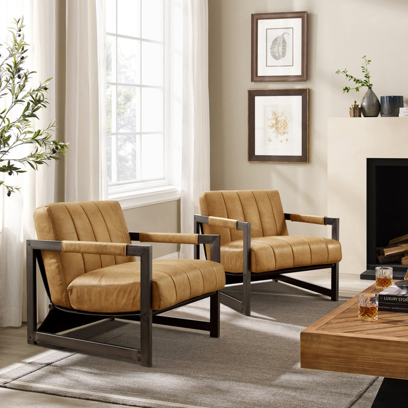 Pascual 26.75'' W Genuine Leather Accent Lounge Arm Chair, Light Brown Genuine Leather