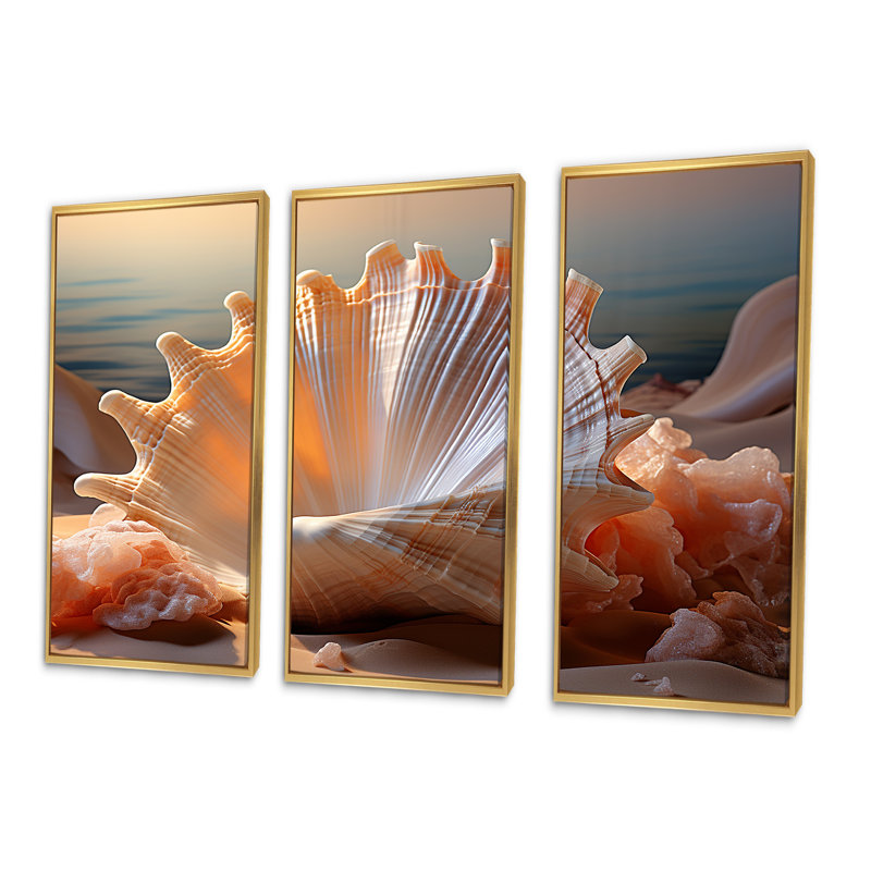 Opulente, coquillages symboliques I - ensemble d'art mural coquillage, Cadre flottant doré, H 40 po x l 60 po x P 1 po