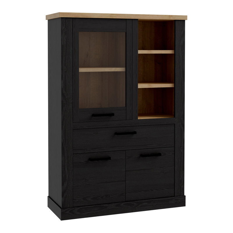 Modern Farmhouse Style Display Cabinet, 3 Doors, 1 Drawer, 3 Open Compartments, Engineered Wood, Black Oak/Light Oak Decor, 109.8 cm W x 160.3 cm H x 41.3 cm D