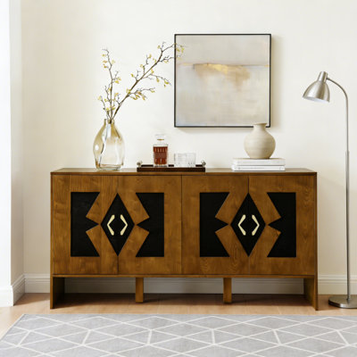 Buffet 60 po Mid-Century avec rangement, console multimédia avec portes cannelées géométriques et tablettes réglables pour la cuisine, la salle à manger, le salon ou le vestibule, noir / noyer
