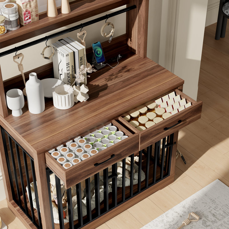 Meuble pour cage 38 po avec 2 tiroirs de rangement - table d'appoint robuste pour cage de chien, chenil à porte coulissante, maisonnette d'intérieur avec tablette, brun