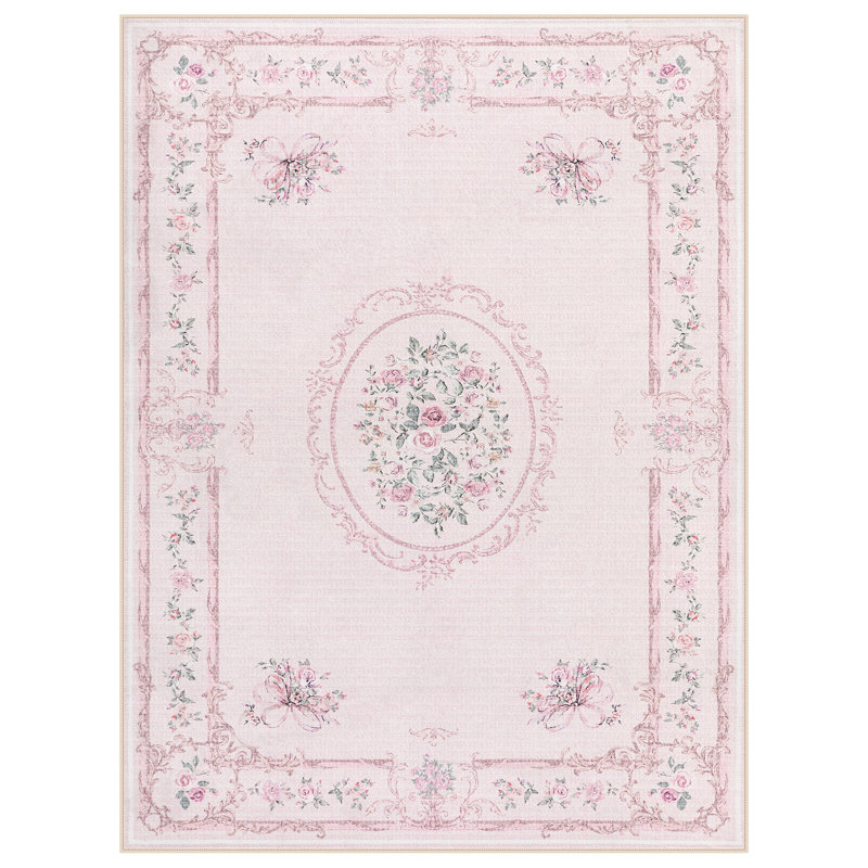 Tapis Boho Vintage, doux, floral, lavable, antidérapant, certifié Oeko-Tex, Light Pink, 9 pi x 12 pi