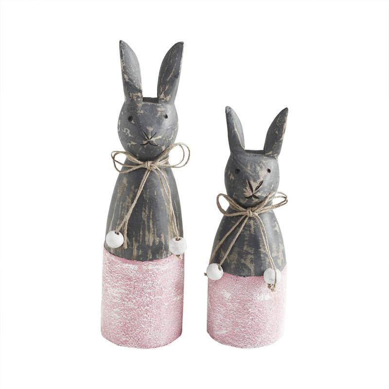 Ensemble de 2 lapins Spring In Bloom en bois avec base rose