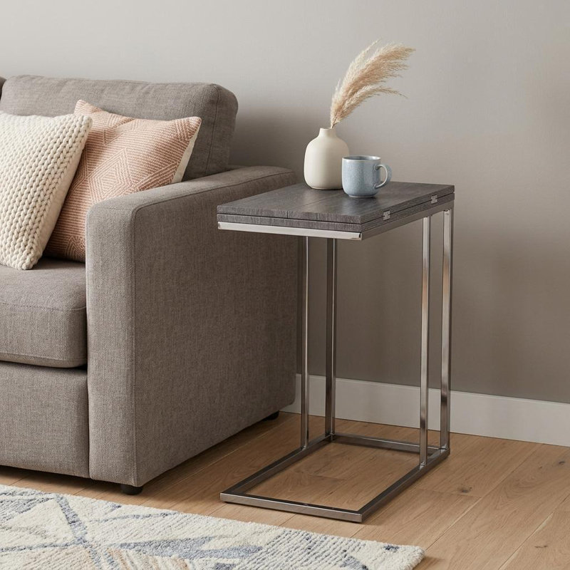  Table de bout contemporaine extensible en forme de C argentée et grise 25 po Contemporary