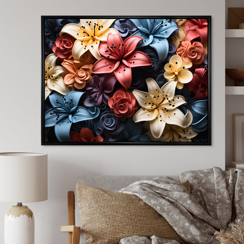 " Colourful Lilies Field Vibrant III ", Cadre flottant noir, 16" H x 32" W