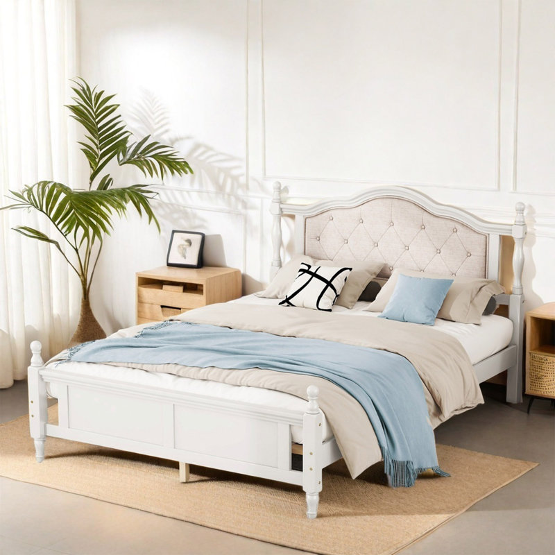 Grand lit à structure en bois massif avec tête de lit tapissier, grand lit plateforme avec pieds de soutien, Blanc