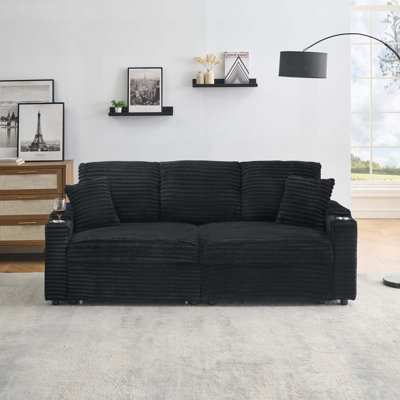 80-inch Foldable Sofa with Hidden Lying Function, Corduroy Fabric, Cup Holder, and Pillow, Perfect for Living Room