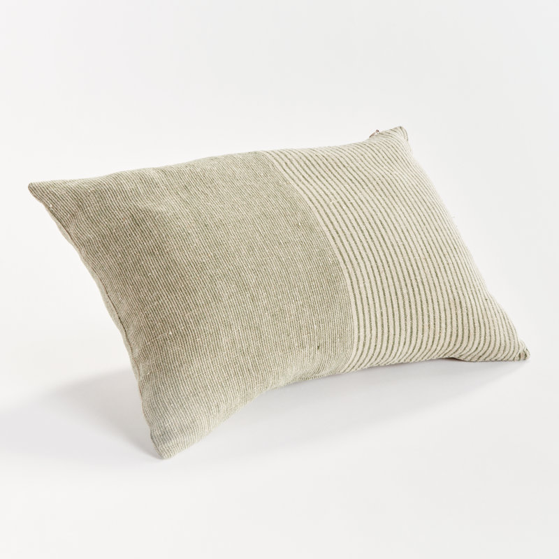 Jules European Flax Fiber Pillow Cover & Insert, Rectangle 14" H x 20" W, Green/Ivory/Pinstripe, Knife Edge