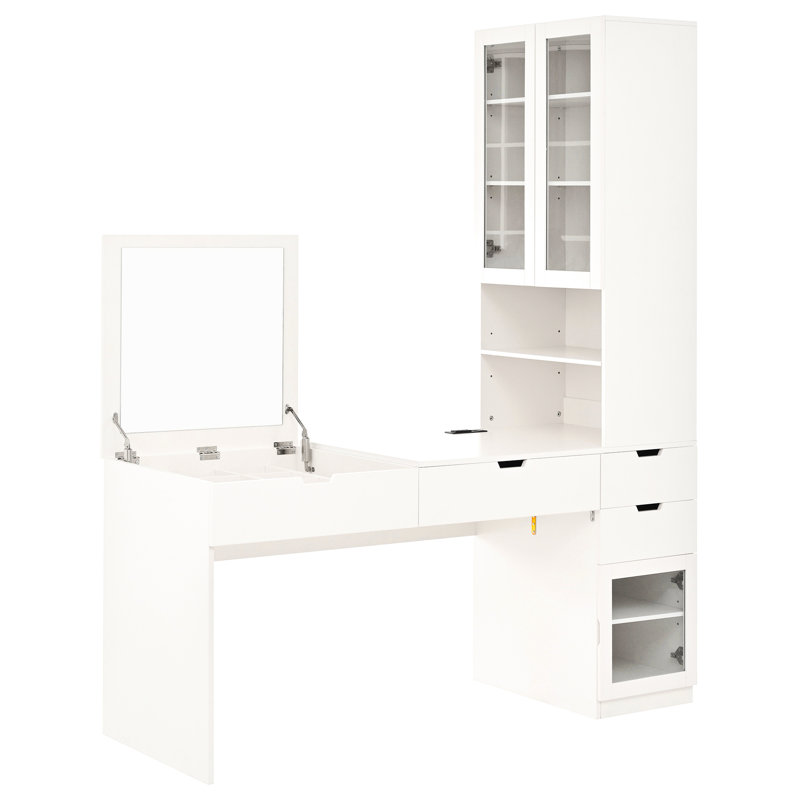 Élégant meuble-lavabo blanc avec miroir, fonction de charge, 3 tiroirs, 2 armoires et 8 compartiments pour les espaces multifonctionnels organisés, tablettes en verre ouvertes