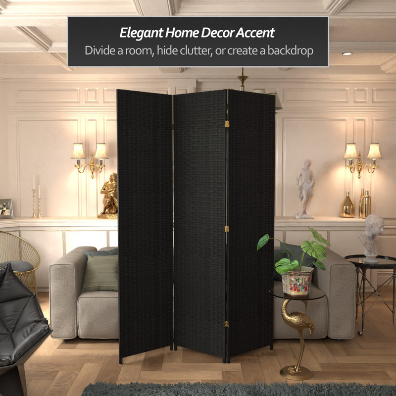 Amitis 7 Ft. Tall Woven Fiber Folding Room Divider, 3, 84'' H x 58.5'' W x 1'' D, Black