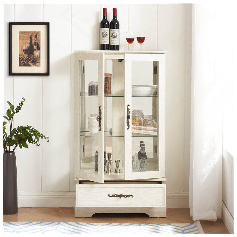 Vitrine lumineuse en verre avec tablettes réglables - Vitrine élégante à 2 portes et tiroir intégré, ampoule incluse - fini blanc