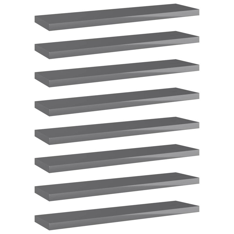 Bookshelf Boards 8 pcs Engineered Wood, High Gloss Gray, (8 Shelves) 0.59" H x 15.75" W x 3.94" D