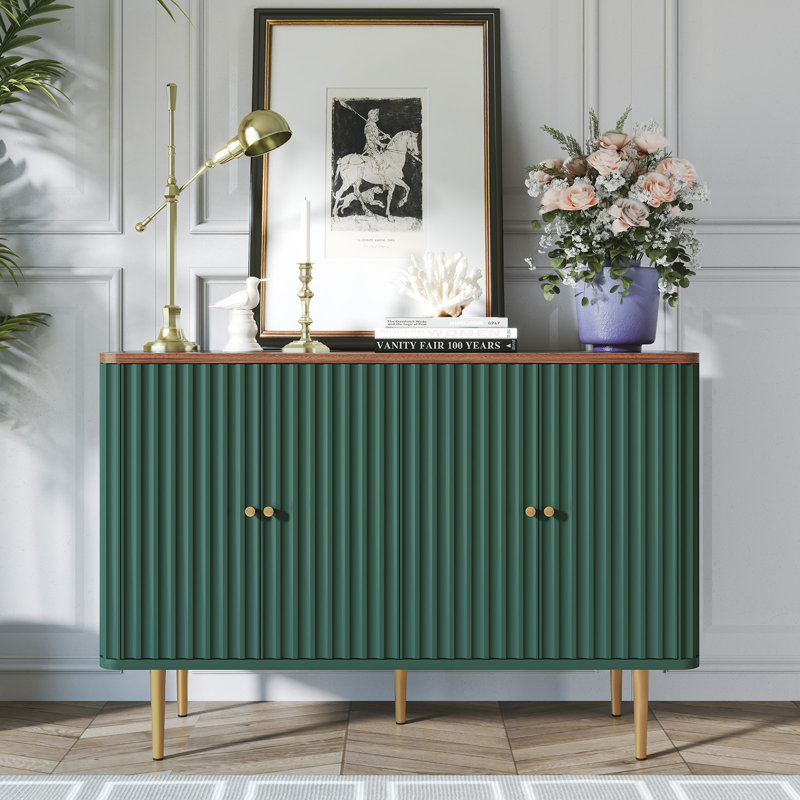 48'' Sideboard Buffet Cabinet, 4-Door Fluted Water Ripple Door Storage Credenza with Adjustable Shelves & Gold Legs, Modern Accent Console Cabinet for Entryway, Dining Room, Living Room