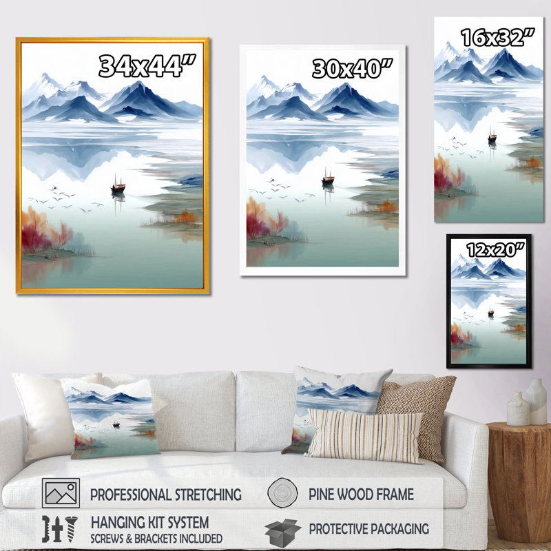 «Serene Landscape With Misty Mountains Fishing», reproduction d'art sur toile, paysage bleu, Brown, H 32 po x l 24 po