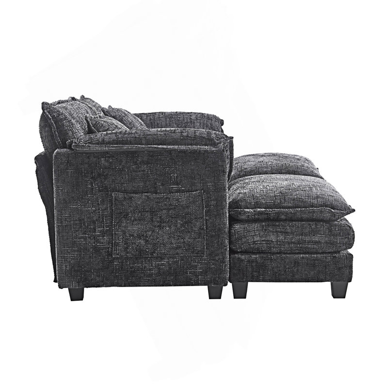Zuri Upholstered 2-Seater Sectional Sofa with Ottomans, Black Chenille