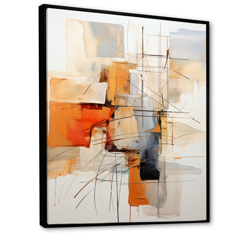 Orange orange et gris, art abstrait sur toile, H 32 po x l 16 po x P 1 po, Reproduction avec cadre flottant, Noir